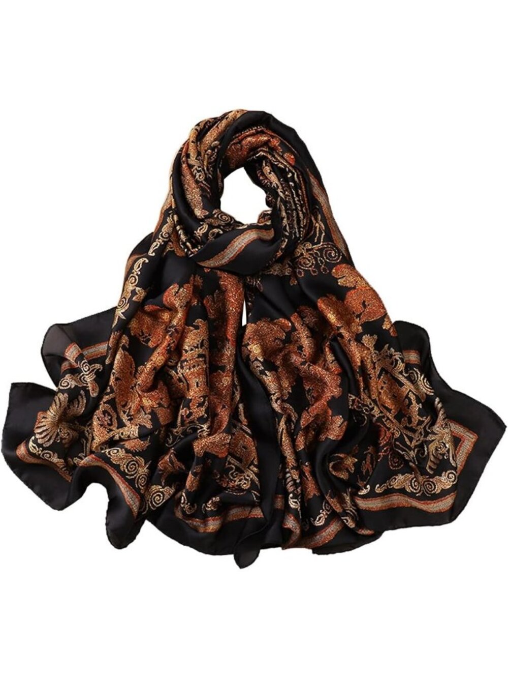 Women's Brown Lightweight Silk Like Scarves Flower Print Head Cotton Wrap Scarf